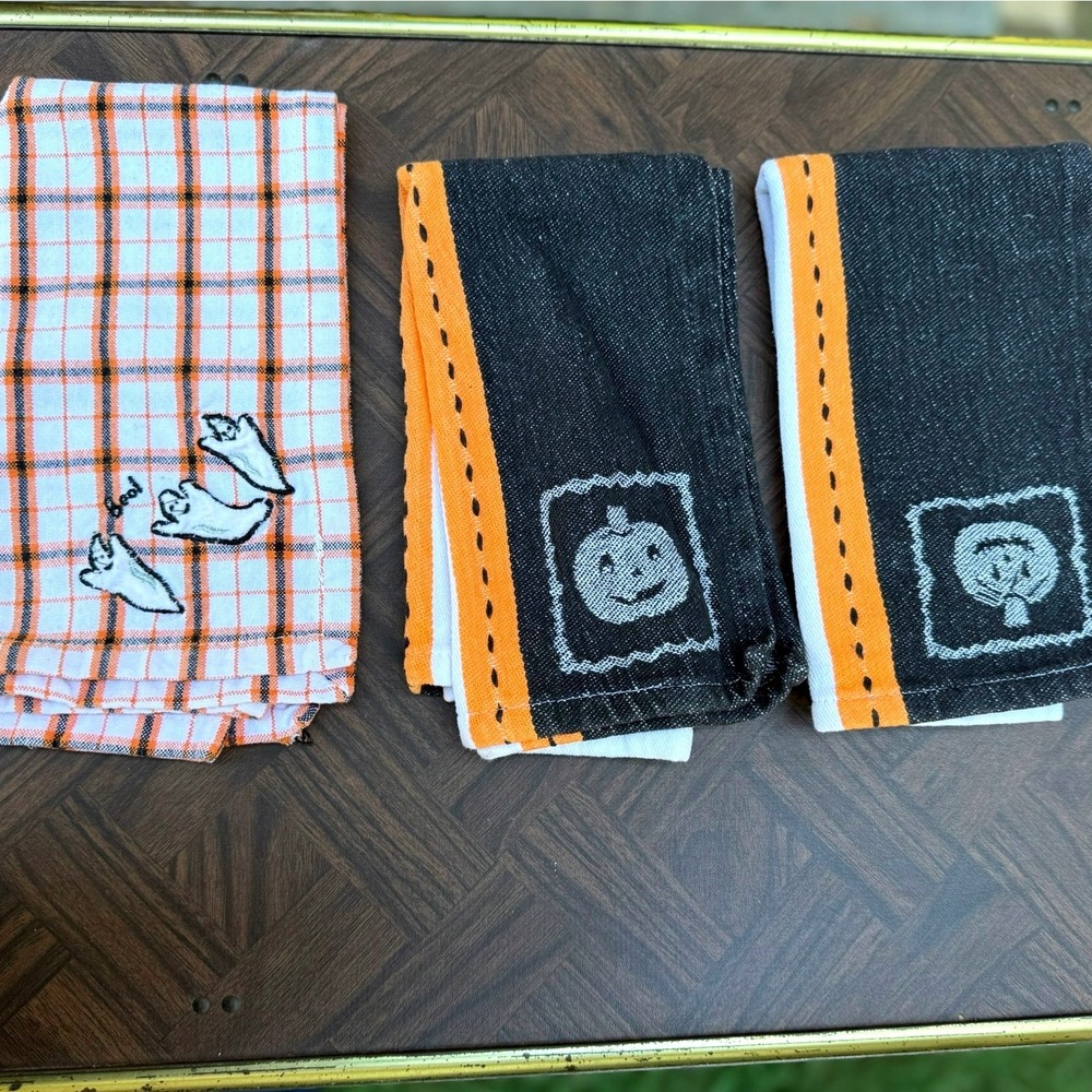 Halloween Kitchen Tea Towel Set 3pc Ghost Pumpkin Bat Plaid Orange Black White